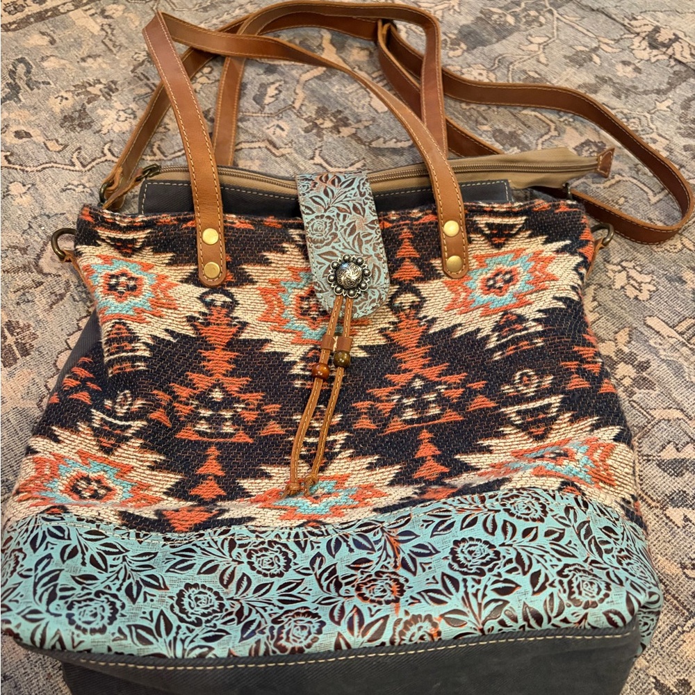 Myra Bag Turquoise and Brown Aztec-Print Shoulder Tote